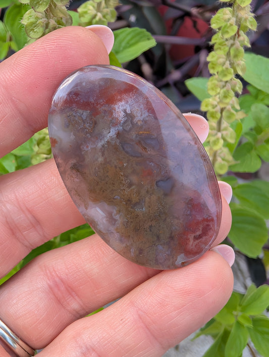 Moss agate cabochon. Large Oval. Green and red. 47mm x 29mm