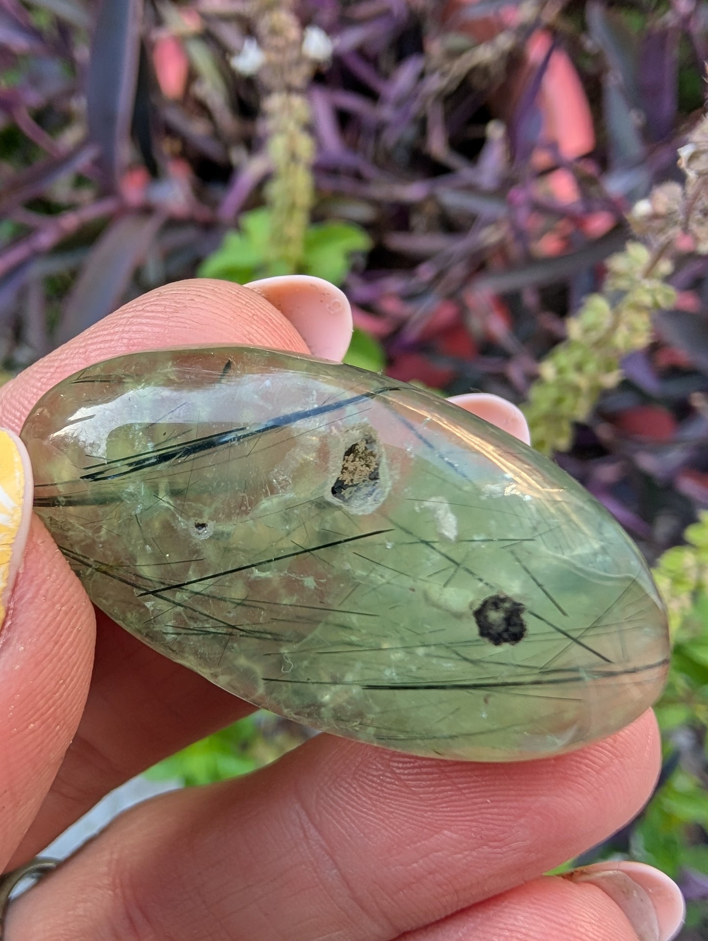 Phrenite cabochon with natural cavity. Oval . Green 42mm x 21mm