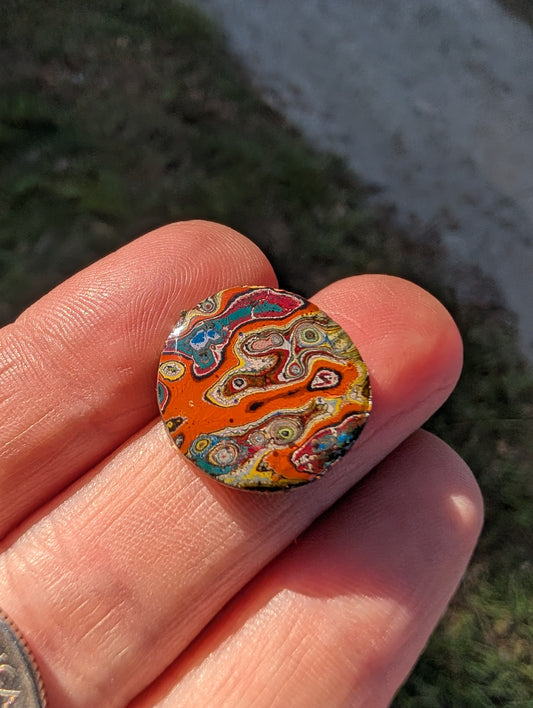 Graffiti Cabochon. multi color. Small. silver dime recycled . Orange wearable art jewelry making #18