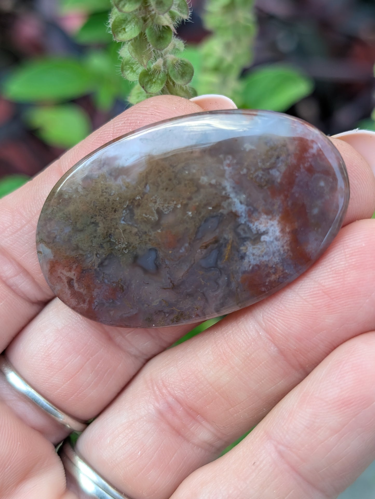 Moss agate cabochon. Large Oval. Green and red. 47mm x 29mm