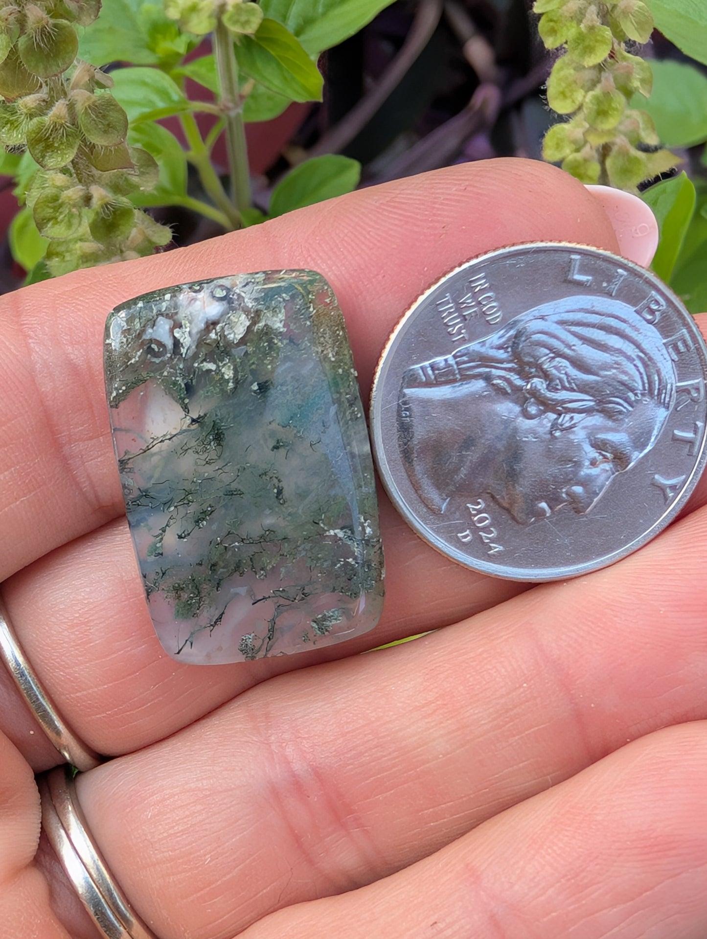 Moss agate cabochon. Rectangle . Green  27mm x 18mm