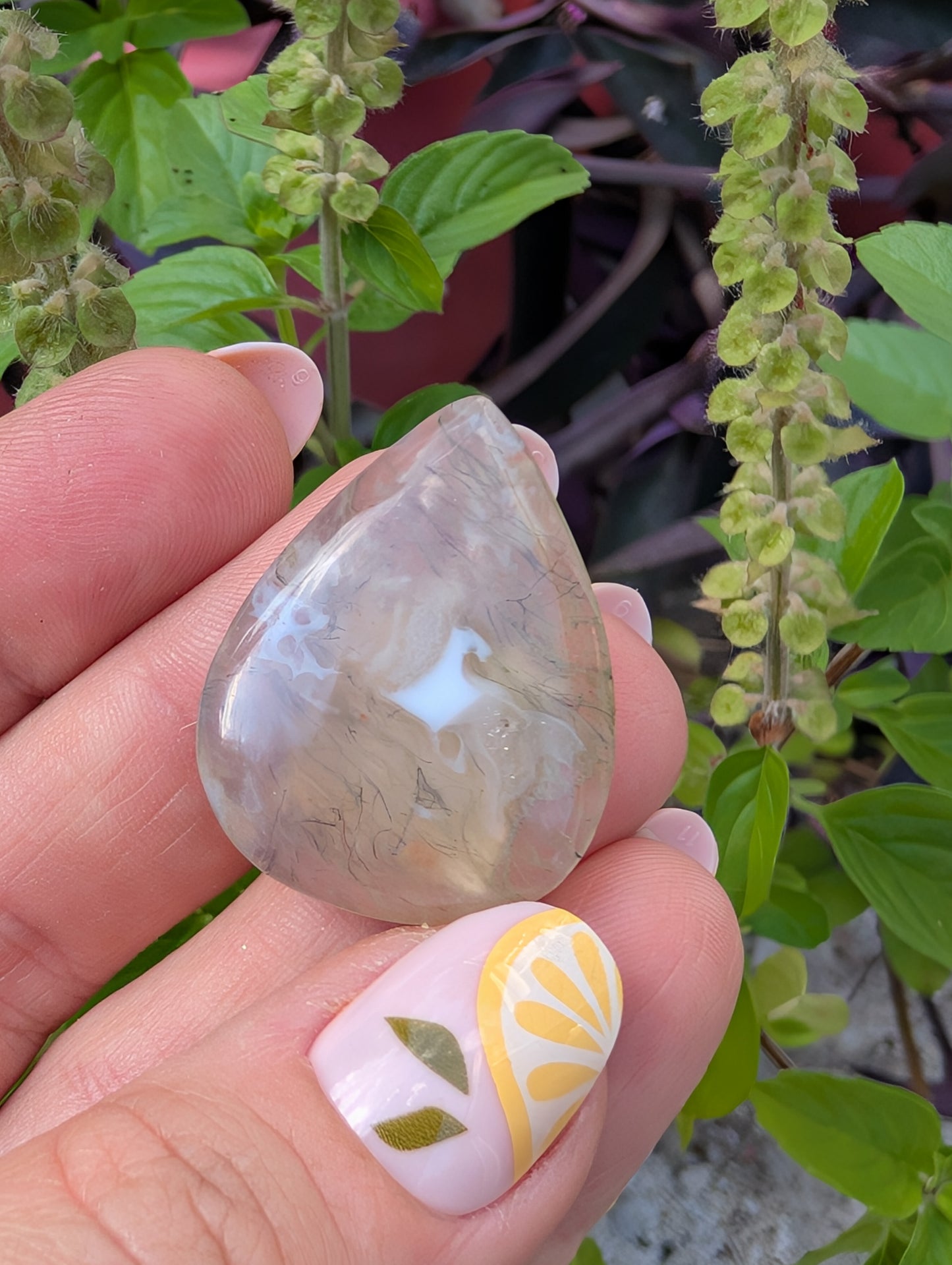 Moss agate cabochon. Tear drop . Green  31mm x 24mm