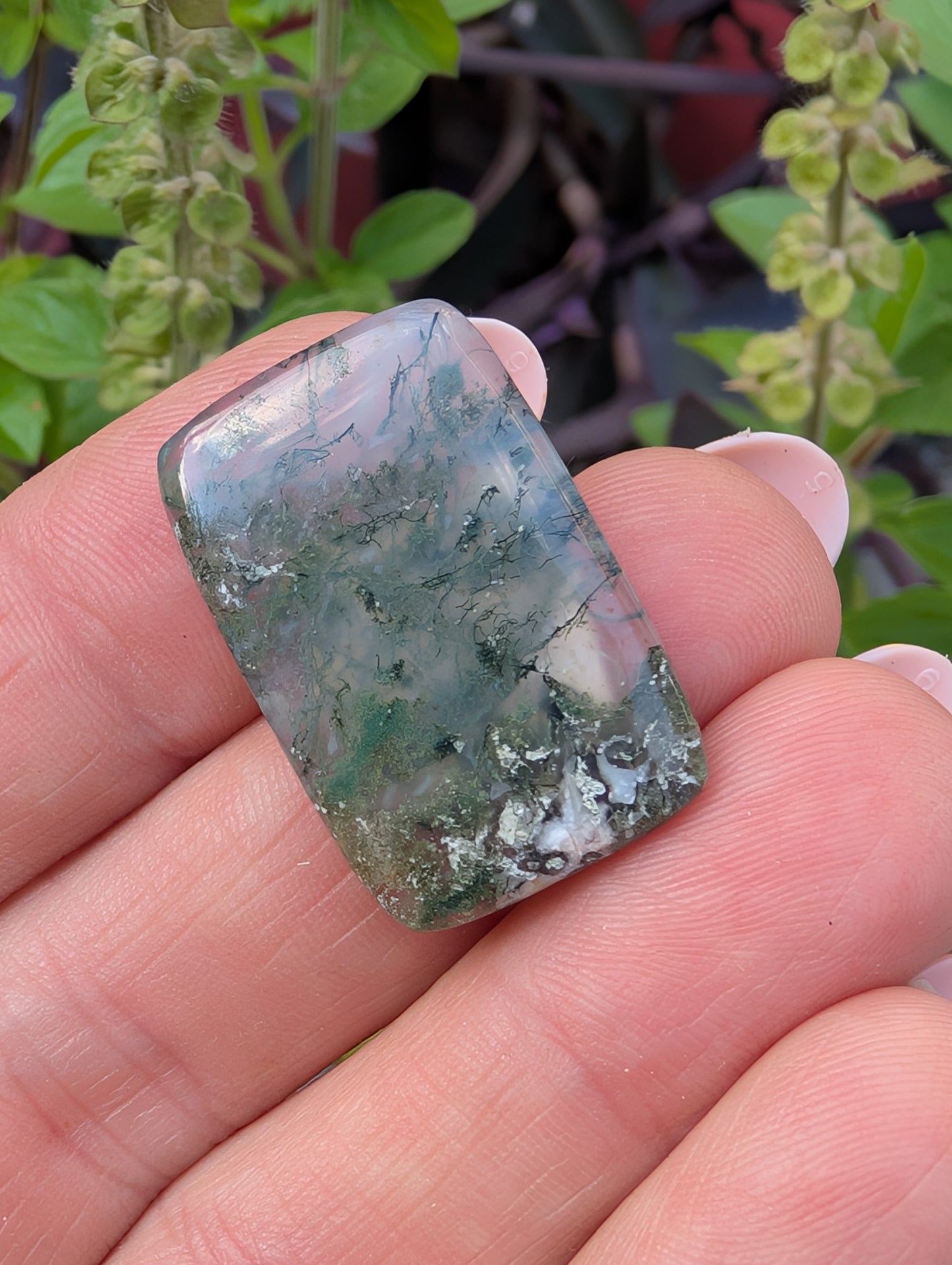 Moss agate cabochon. Rectangle . Green  27mm x 18mm
